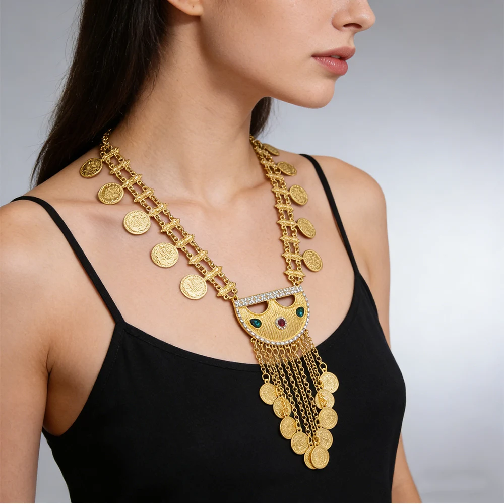 

Afghan Kurdish Fashion Gold Geometric Alloy Carving Coins Tassel Necklaces Women Ethnic Colorful Rhinestone Statement Jewelry