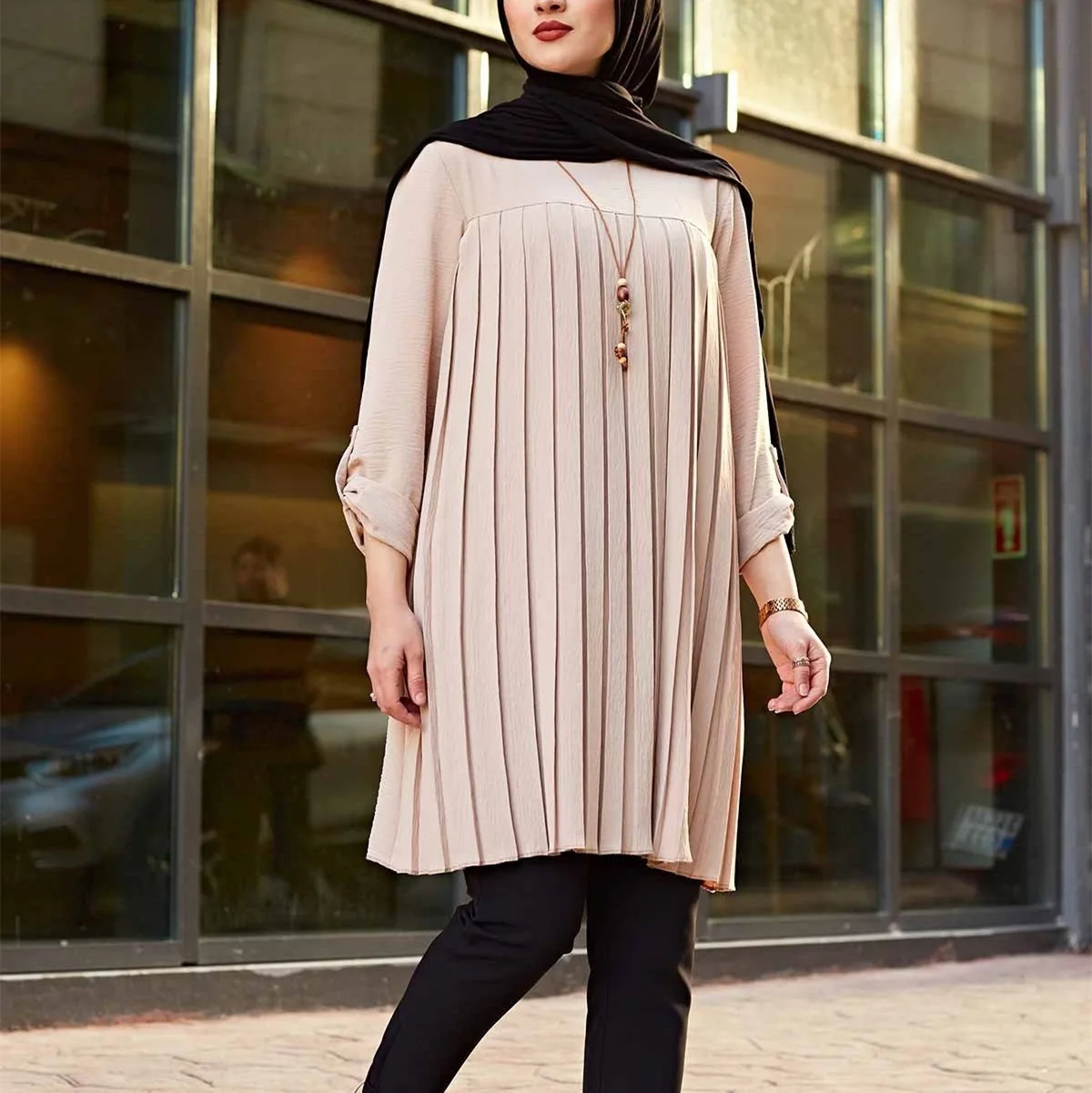 New Muslim Women's Casual Pleated Loose Long Sleeve Round Neck Large Top