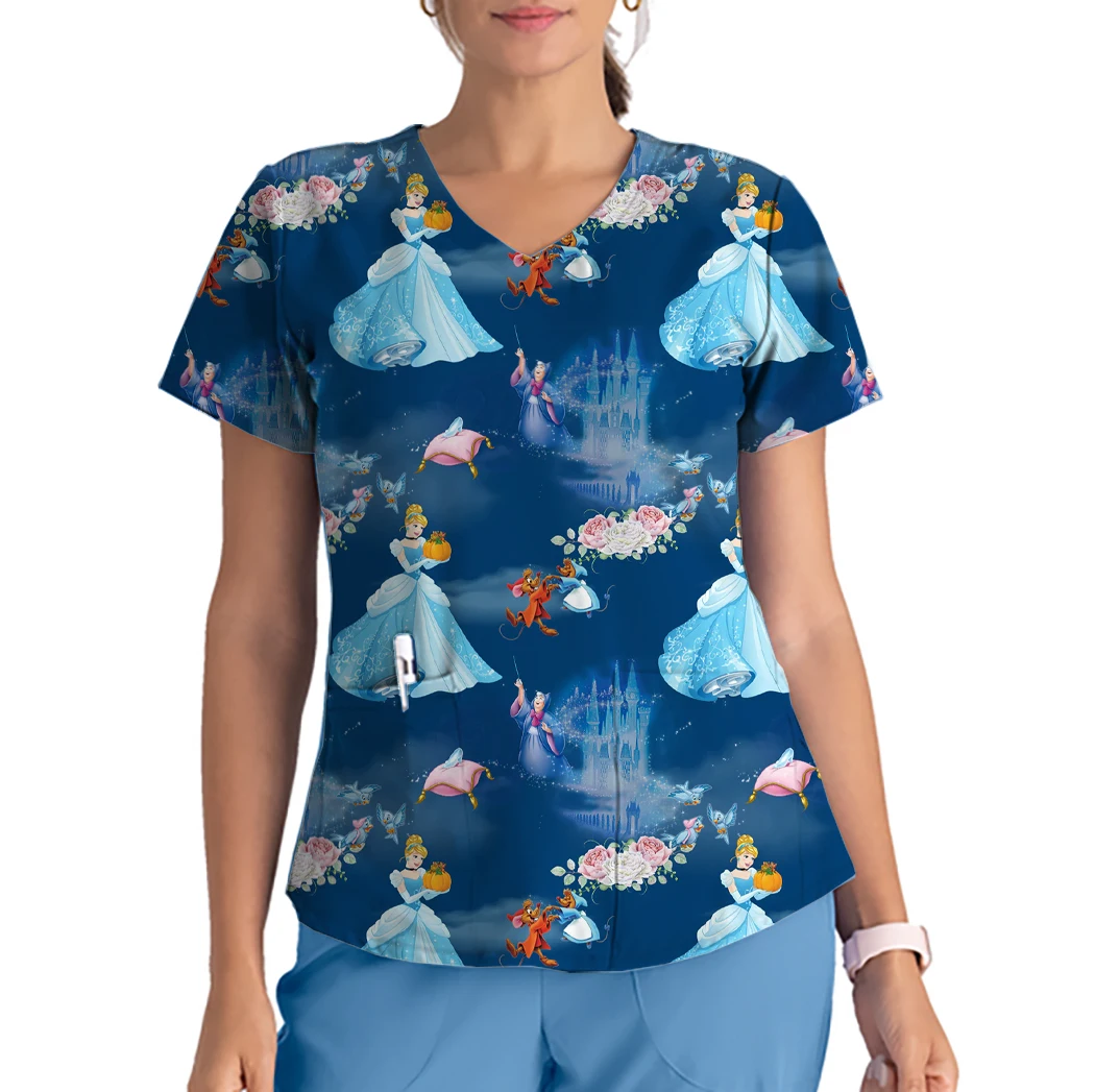 Disney Beauty and the Beast Print Matte manica corta con scollo a V uniforme medica Cartoon women's Nurse Dress t-shirt abbigliamento infermieristico