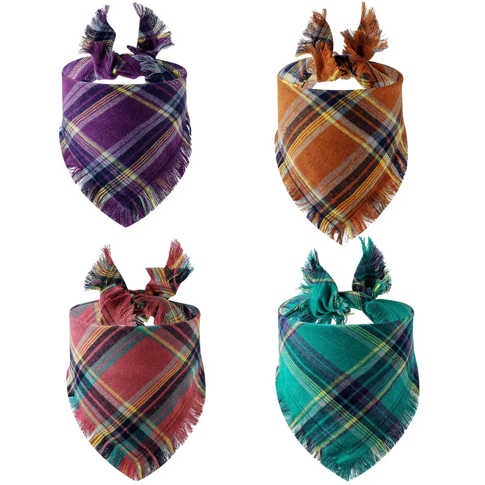 Plaid Tassel 100% Cotton Dog Bandana Pet Triangle Scarf Pet Dog Cat Scarf Dog Supplies Stuff