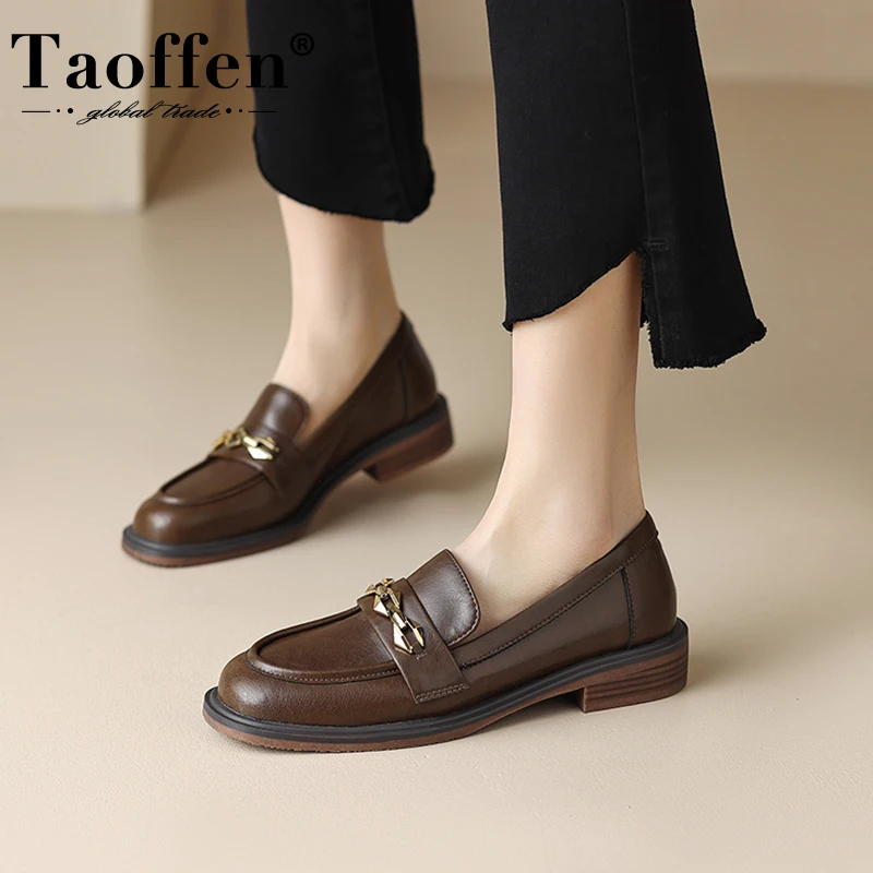 

Taoffen Ladies Flats Genuine Leather Loafers Round Toe Metal Chain Slip on Color Block Shoes Comfortable Office Oxford