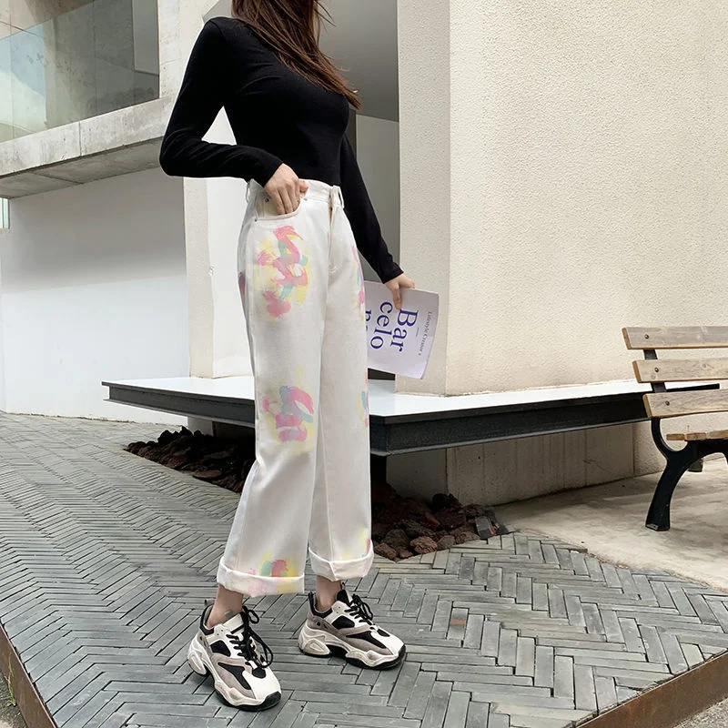 Tie Dye Wide Leg Jeans Women Korean Style Trousers Vintage High Waist Baggy Chic Ulzzang Street Casual All-match Denim Pants