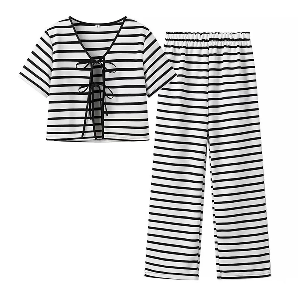 2024 Summer New Fashion Women\'s Elegant Design with European and American Style Stripe Knitted Short Sleeve Set