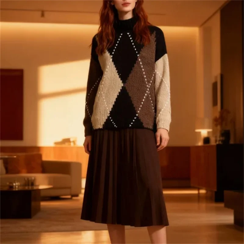 

Women's Diamond Pattern Knit Sweater Trendy Sexy Fashion 2025 Fall Seasonal Style