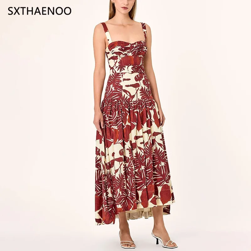 SXTHAENOO 2025 Estate Donna in cotone stampato con spalle scoperte Gonna lunga Vacanza al mare Maxi Boho Chic Moda Abito da festa sexy