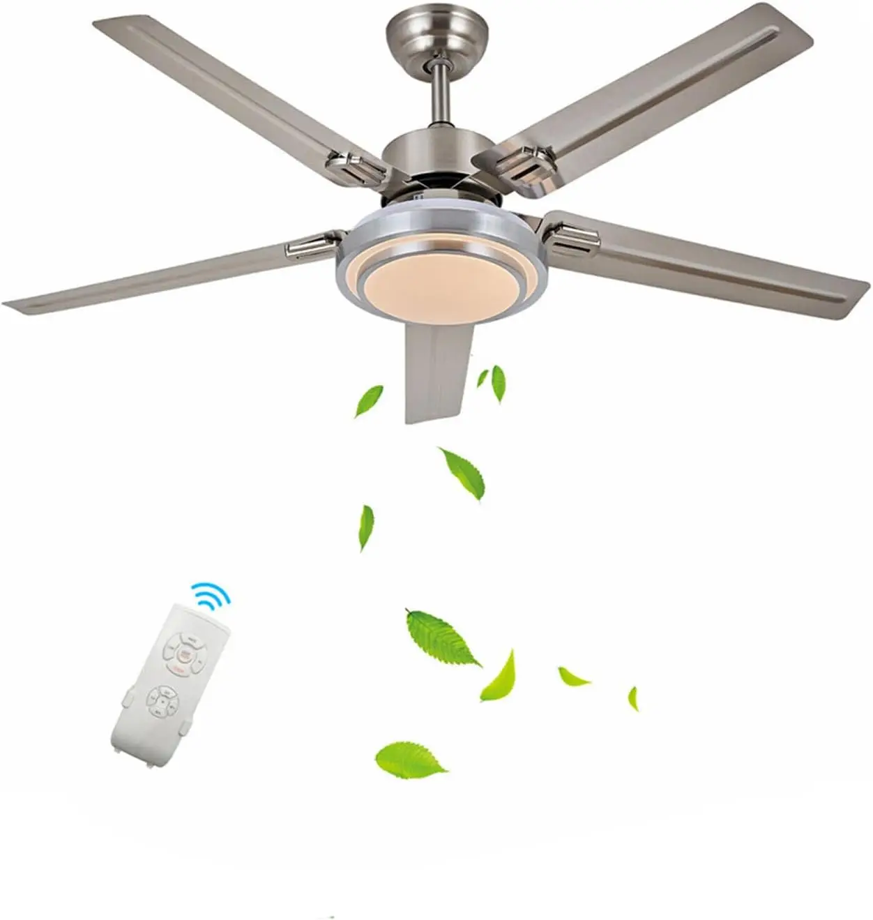 52 Inch Led Indoor/Outdoor Stainless Ceiling Fan w/Remote, 5 Blades, 3colors, 3-Speed High-Speed, for Living Room/Bedroom/Office