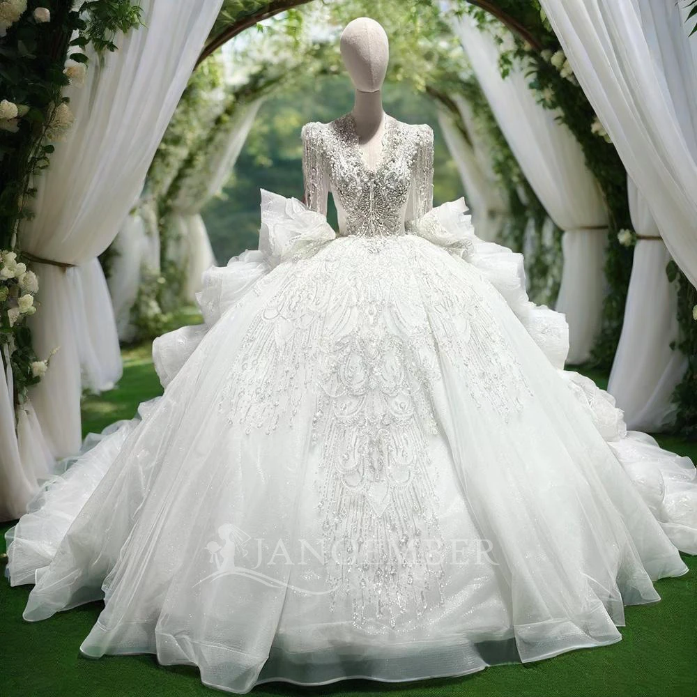 

Exquisite Applique Wedding Dresses Deep V Neck Ball Gowns Ruched Tulle Tassel Long Sleeve Formal Beach Party vestidos de novia