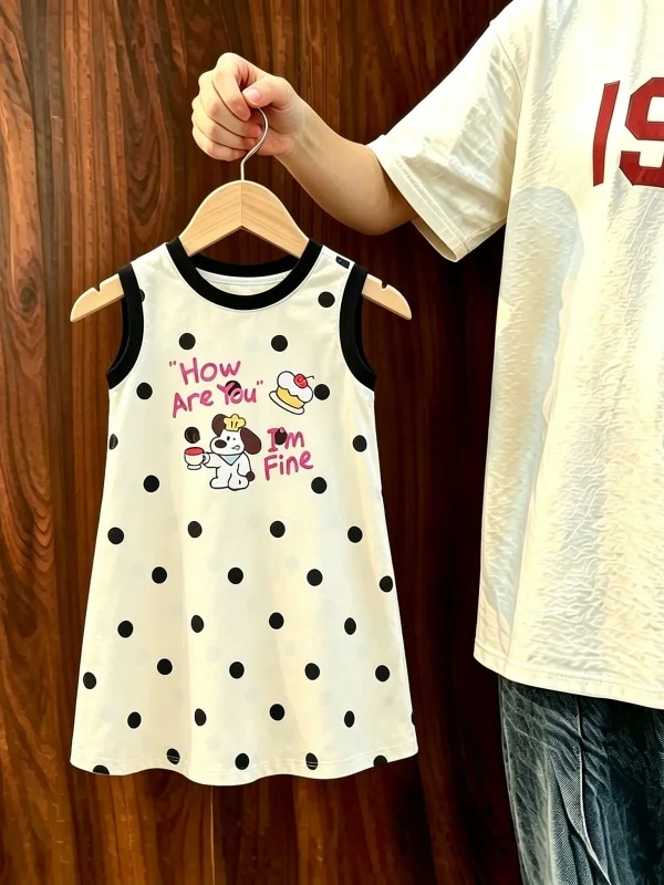 Vestido de Dormir Infantil Feminino de Verão Fino com Estampa de Bolinhas e Cachorrinho, Roupa de Casa Sem Mangas para Meninas