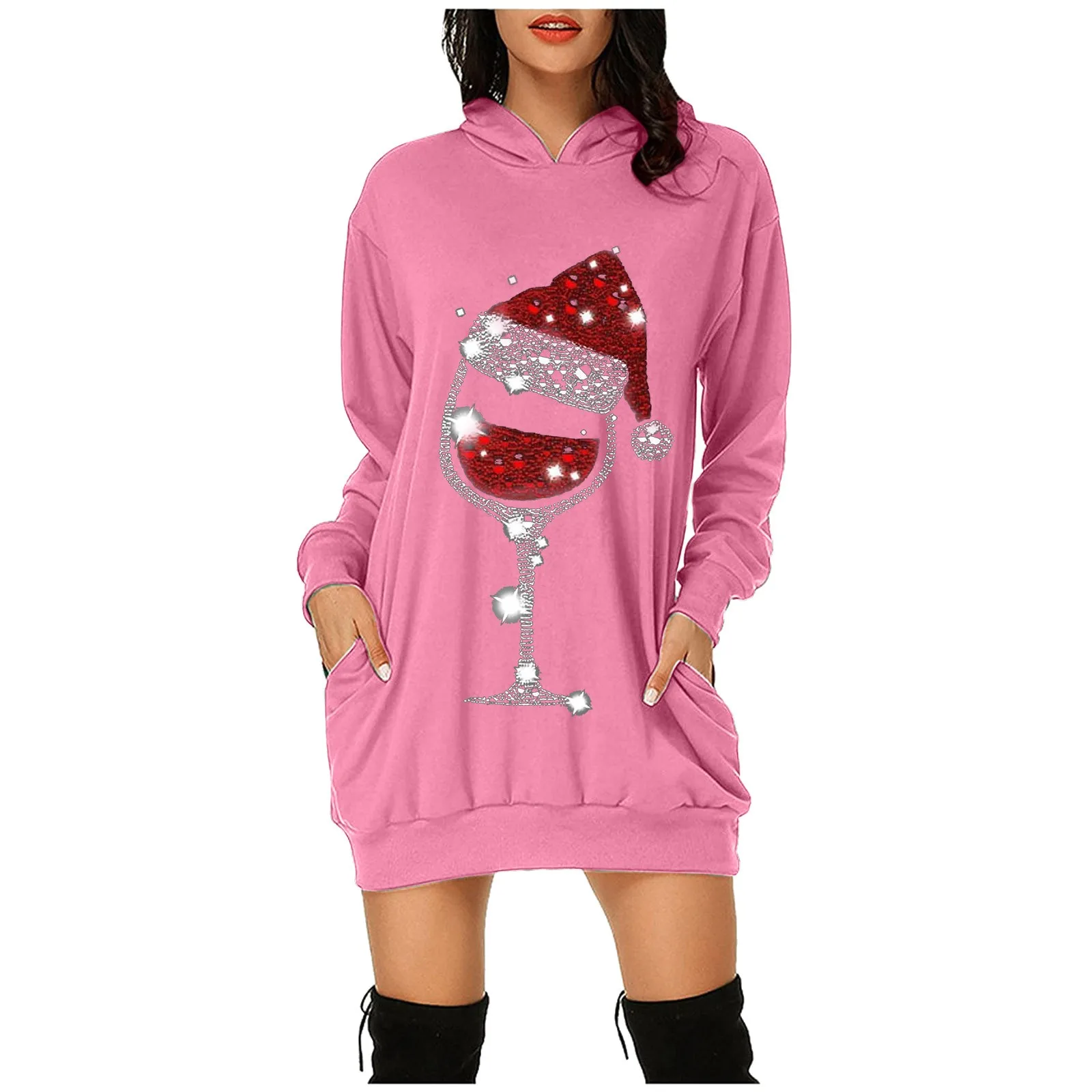 

Women Christmas Hoodie Dress Sexy Bag Hip Pocket Sequined Christmas Hat Print Party Dress Fashion Loose Mini Dress Poullover Top