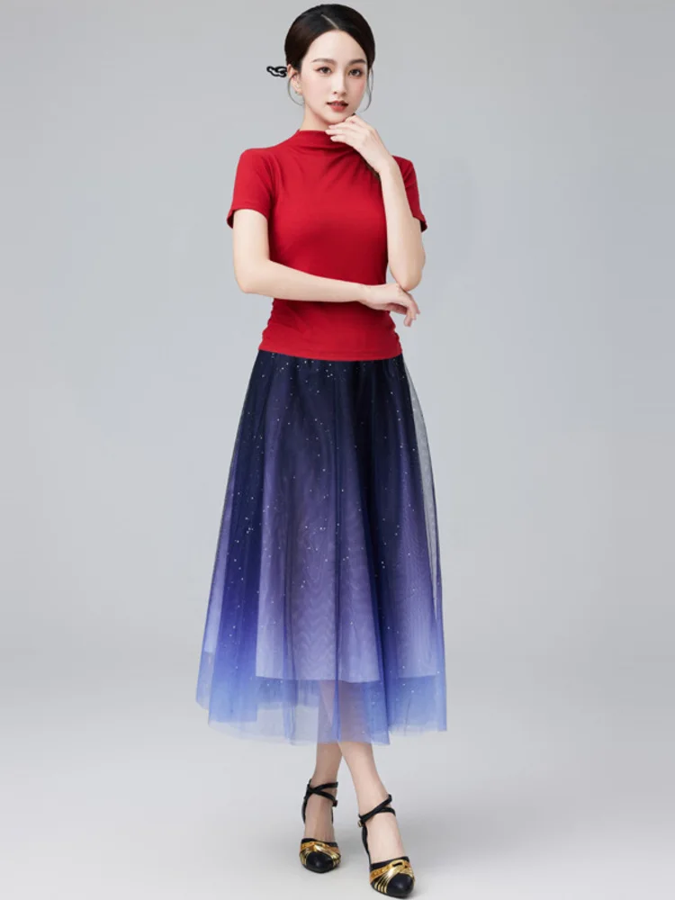 

Женский современный танцевальный наряд, однотонный топ с короткими рукавами и круглым вырезом, сетчатая юбка с высокой талией, элегантная одежда для тренировок