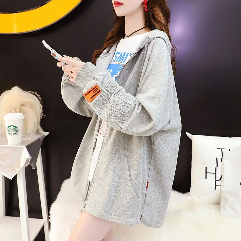 Embroidered Letter Thin Zipper Cardigan Top Coat Women\'s Autumn 2023 New Fashion Korean Version Loose Large Sweater