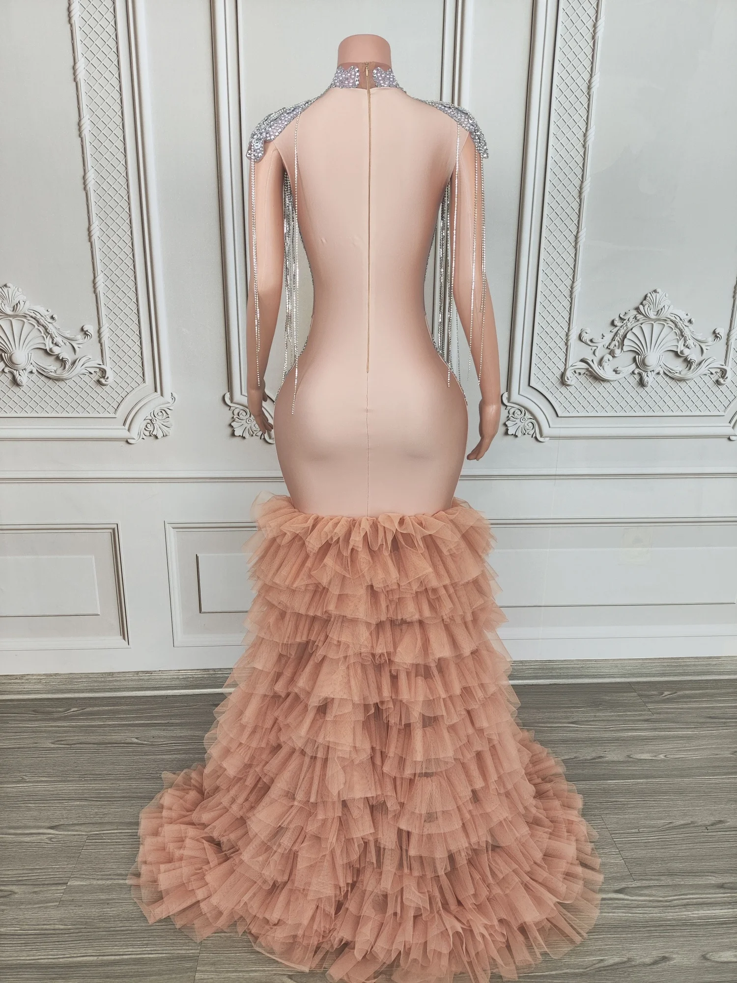 Shine Rhinestone Elegant Tassel Evening Dress Birthday Party Stage Outfit Elastic Gown Sheer Mesh Sexy Luxury Long Dress Lianhua