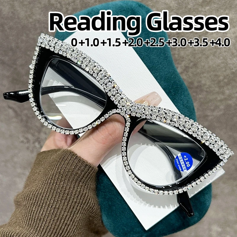 

Luxury Anti Blue Light Far Sight Eyeglasses Fashion Cat Eye Diamond Reading Glasses Personalized Women Presbyopia Glasses+1.0