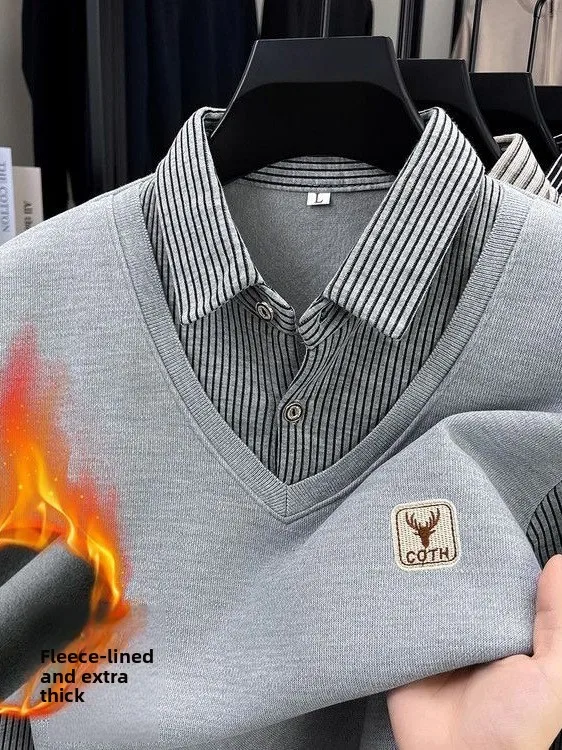 

Men's Knitted Fce Lined Thi Long Sve irt Collar Sweater Inner Wear Casual Faion Ci Sle Winter Warm Top
