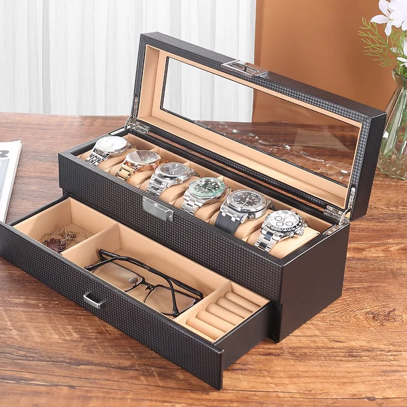 Jewelry Watch Box, 6pcs PU Double-layer Wardrobe Watch Storage Box, Home Decor Organizer Box, Birthday Gift for Men