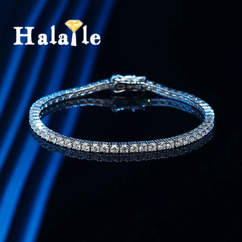 

Браслет Halaile 2,5 мм 0,06 карата с муассанитом/цирконом S925, стерлинговое серебро для мужчин и женщин, сверкающие ювелирные изделия круглой огранки, универсальные