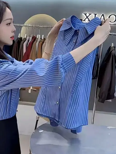 

Spring 2026 Slimming Stripe Design Fashionable Double Layer Collar Loose Fit Women's Shirt Elegant Sleeve Long Sleeve Blouse
