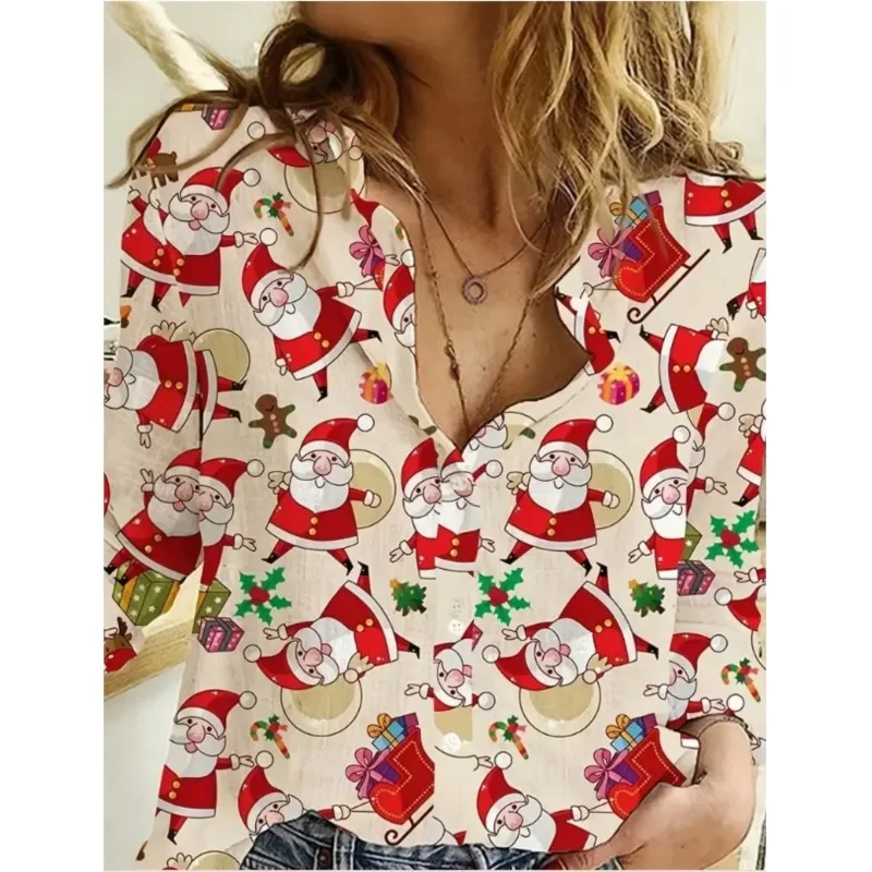 New Christmas Style Womens Long Sleeve Shirts Fashion Street Clothing Autumn Tops Christmas Santa Claus Snowman Shirts Ladies