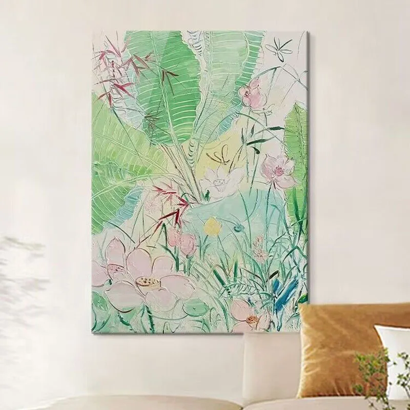 

Cream Style Abstract Plantain Leaf Lotus Handmade Oil Painting Art Poster Living Room Decoration Painting Dining Room Living Roo