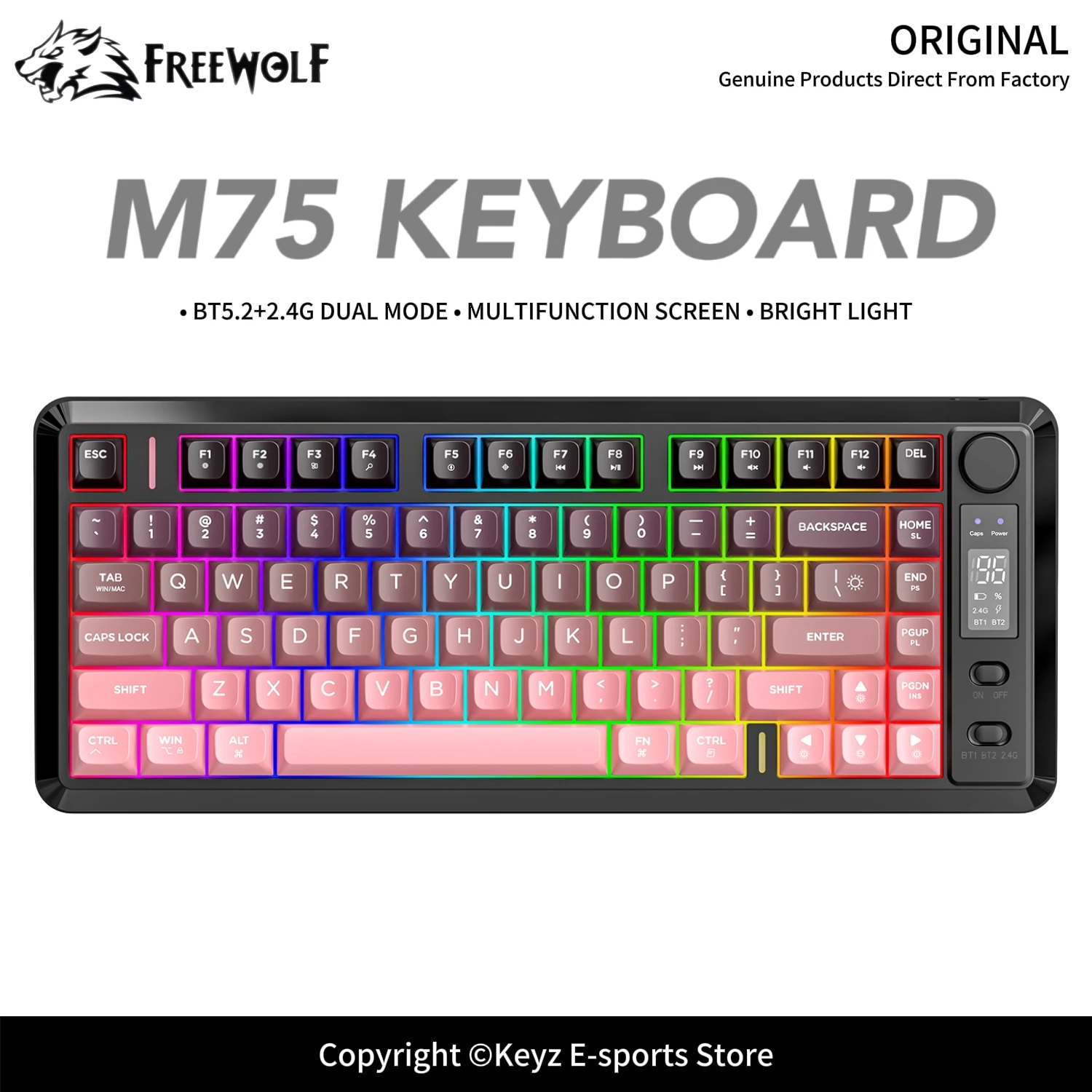 FREEWOLF M75 2.4G Bluetooth Dual Mode Wireless Keyboard PBT Gradient Ball Cap Smart Screen Battery Display 2000mAh Volume Knob