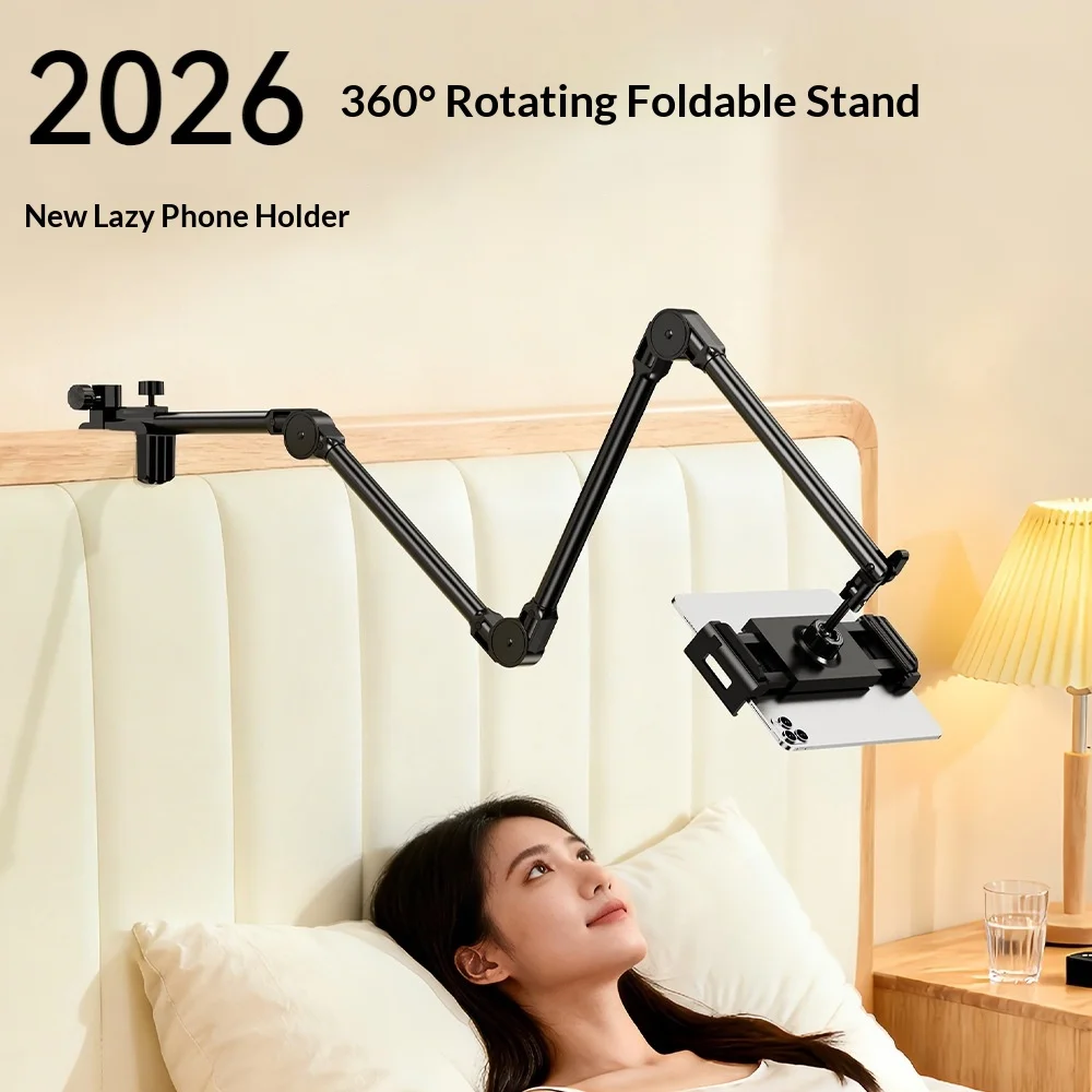 

Bedhead desktop telescopic mobile phone cantilever bracket upgraded dual hole base metal 360 ° adjustable clip on bracket