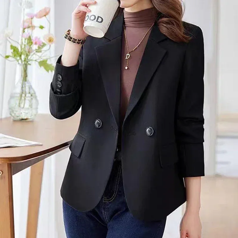 Blazer lengan panjang Korea wanita, mantel hitam kantor gesper ganda musim gugur kerah lipat untuk perempuan