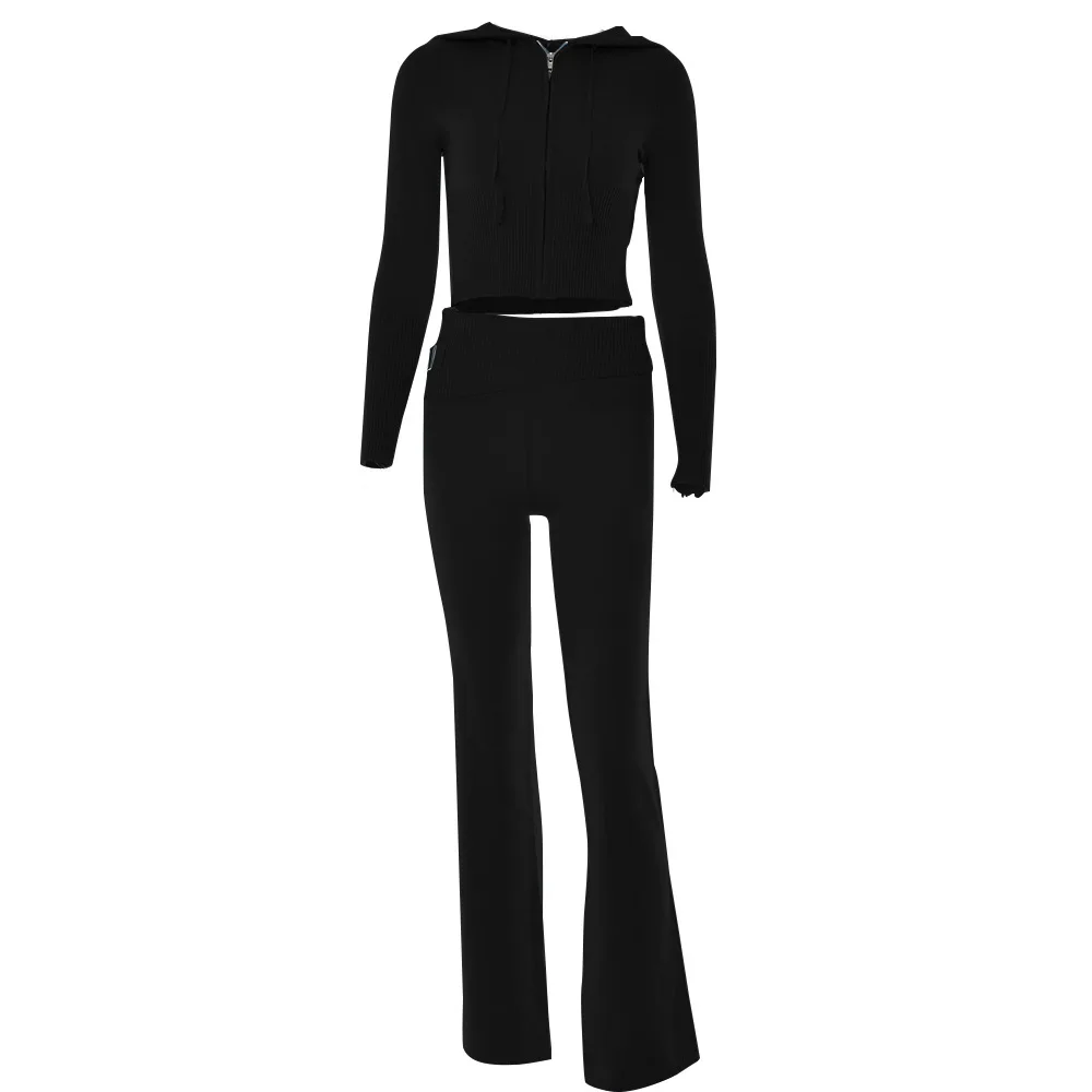 Fantoye Knitted Long Sleeve Zipper Hooded Women Two Piece Sets Thicken Sweater Skinny Long Pant Suit Solid Casual Sweatshirt Set