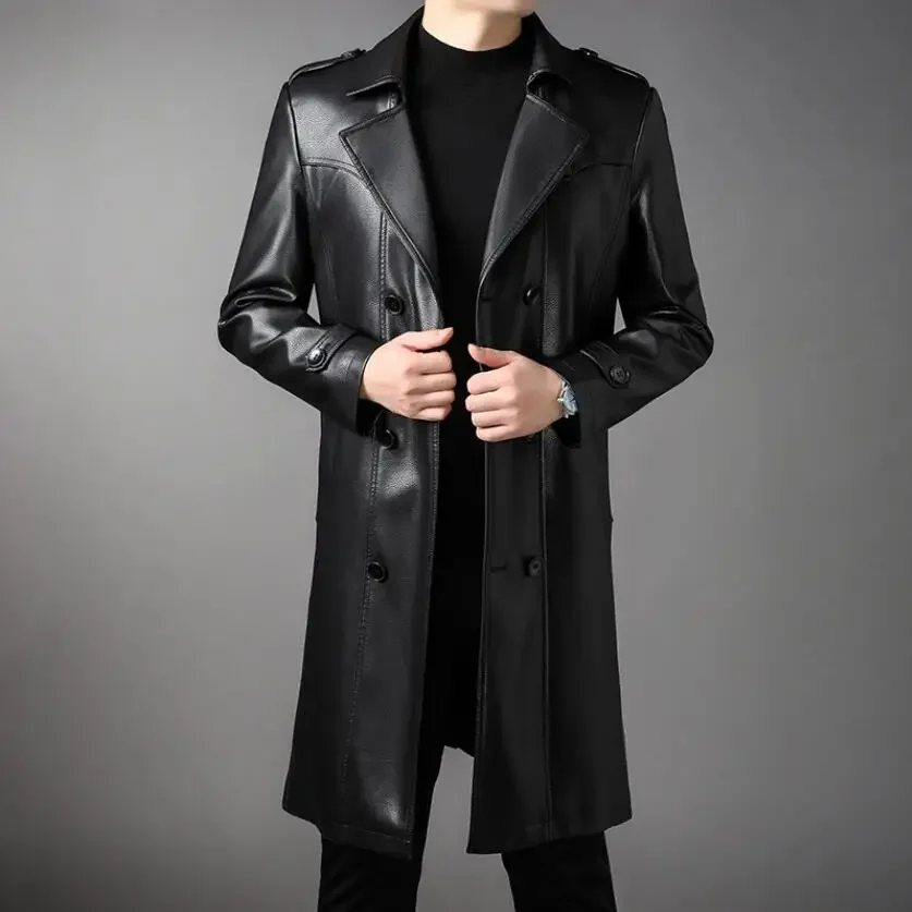 New Men Leather Jacket Fall Winter Genuine Jackets Man Clothes Long Warm Plush Coats Casual Fashion Windbreak Trench Coat