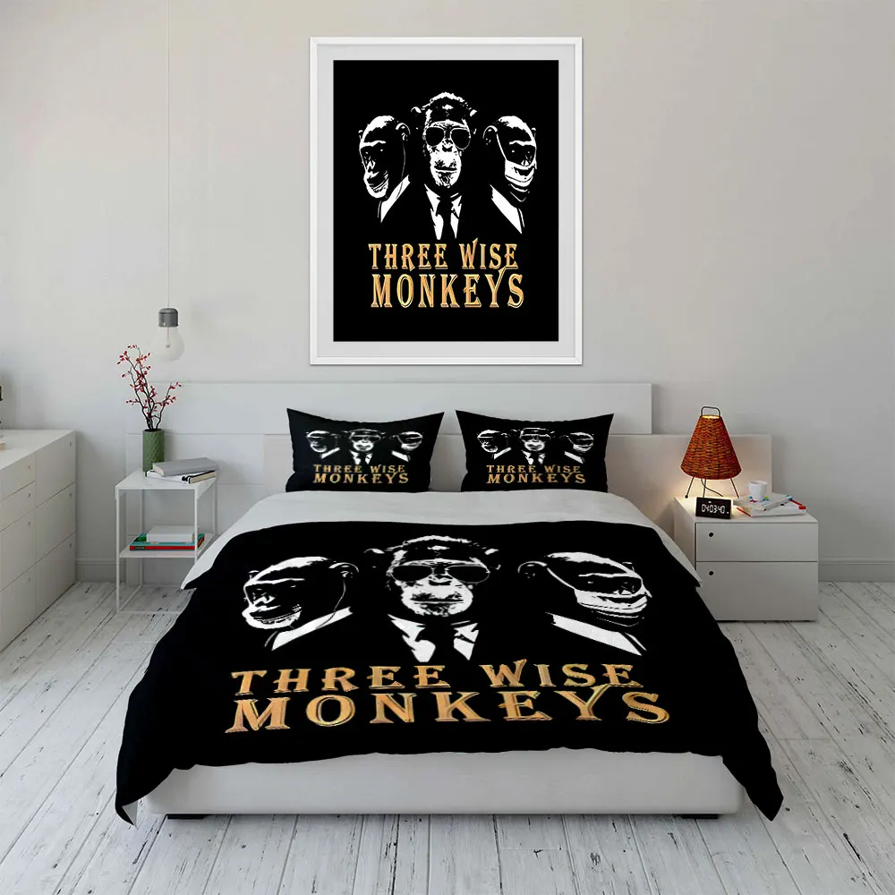Three wise monkeys illustration Pattern Duvet Cover Set Digital Print Colorful Polyester Bedding with Zipper Closur for gifts