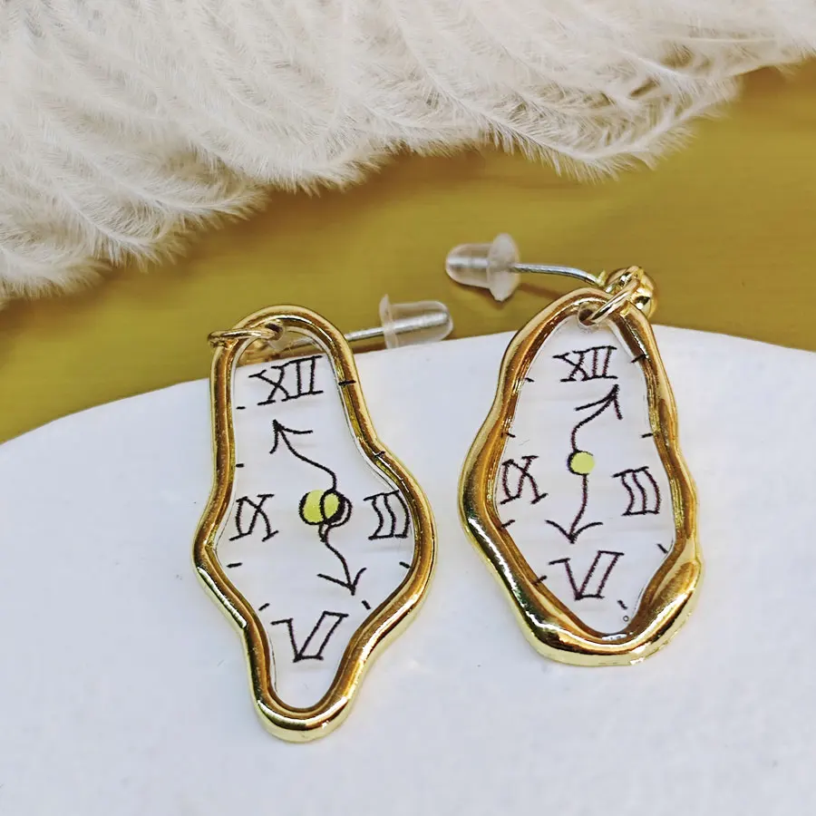 Irregular Clock Character Earring 18k Gold Plated Glass Earrings