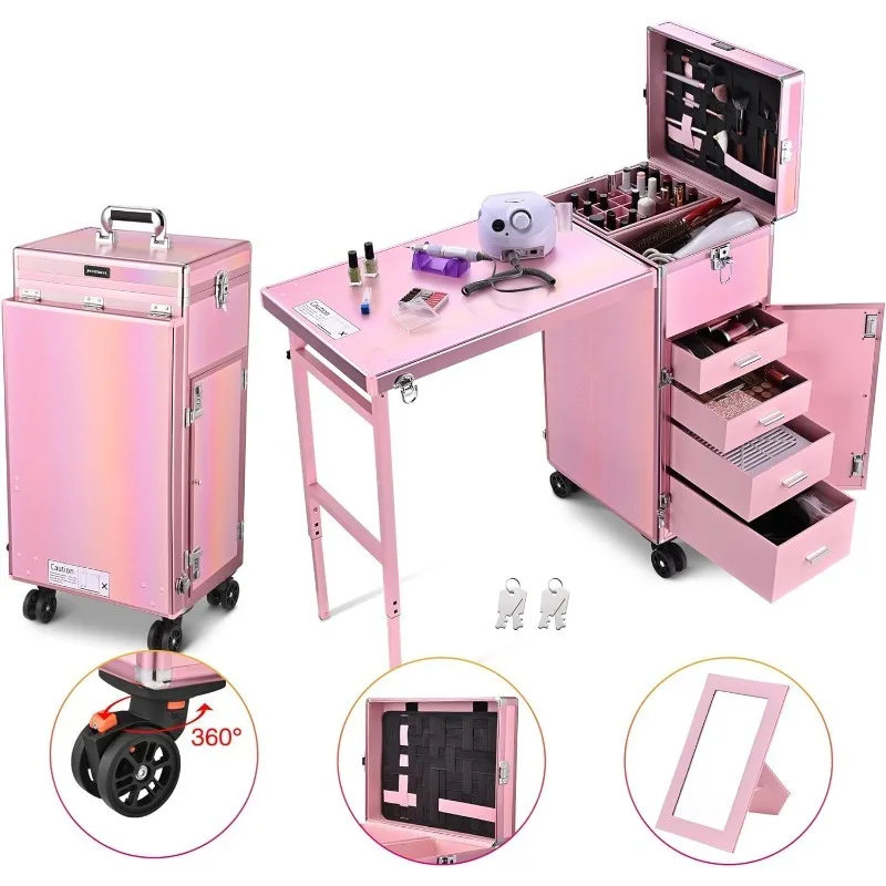 Rolling Manicure Table Foldable Nail Table Makeup Train Case with Desk Cosmetic Trolley Travel Storage Organizer