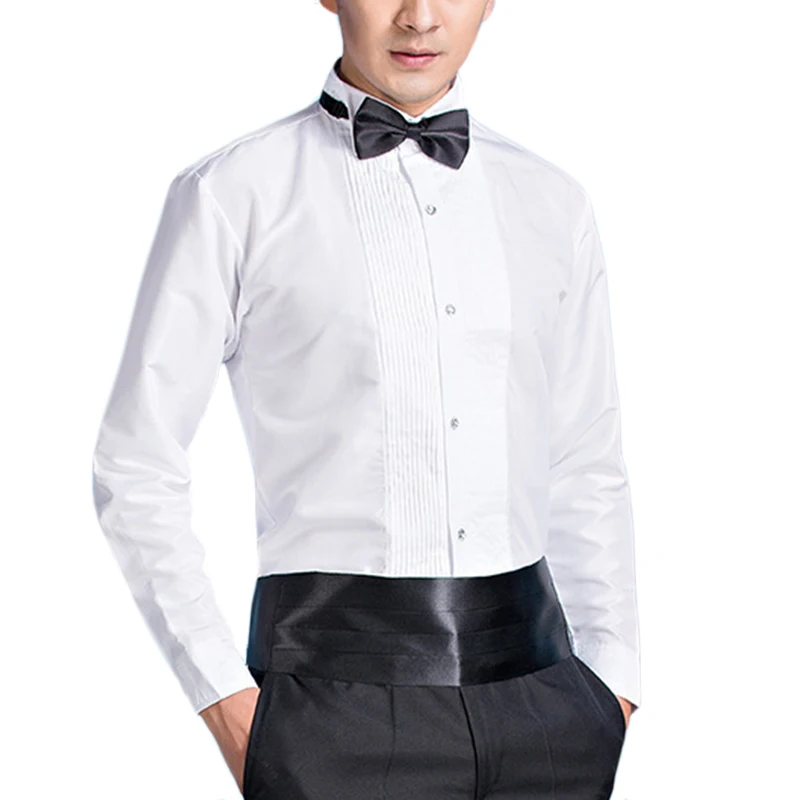 Men White Wedding Shirt With Bowtie Long Sleeves Front Pleated Mens Banquet Dress Shirts Bridegroom