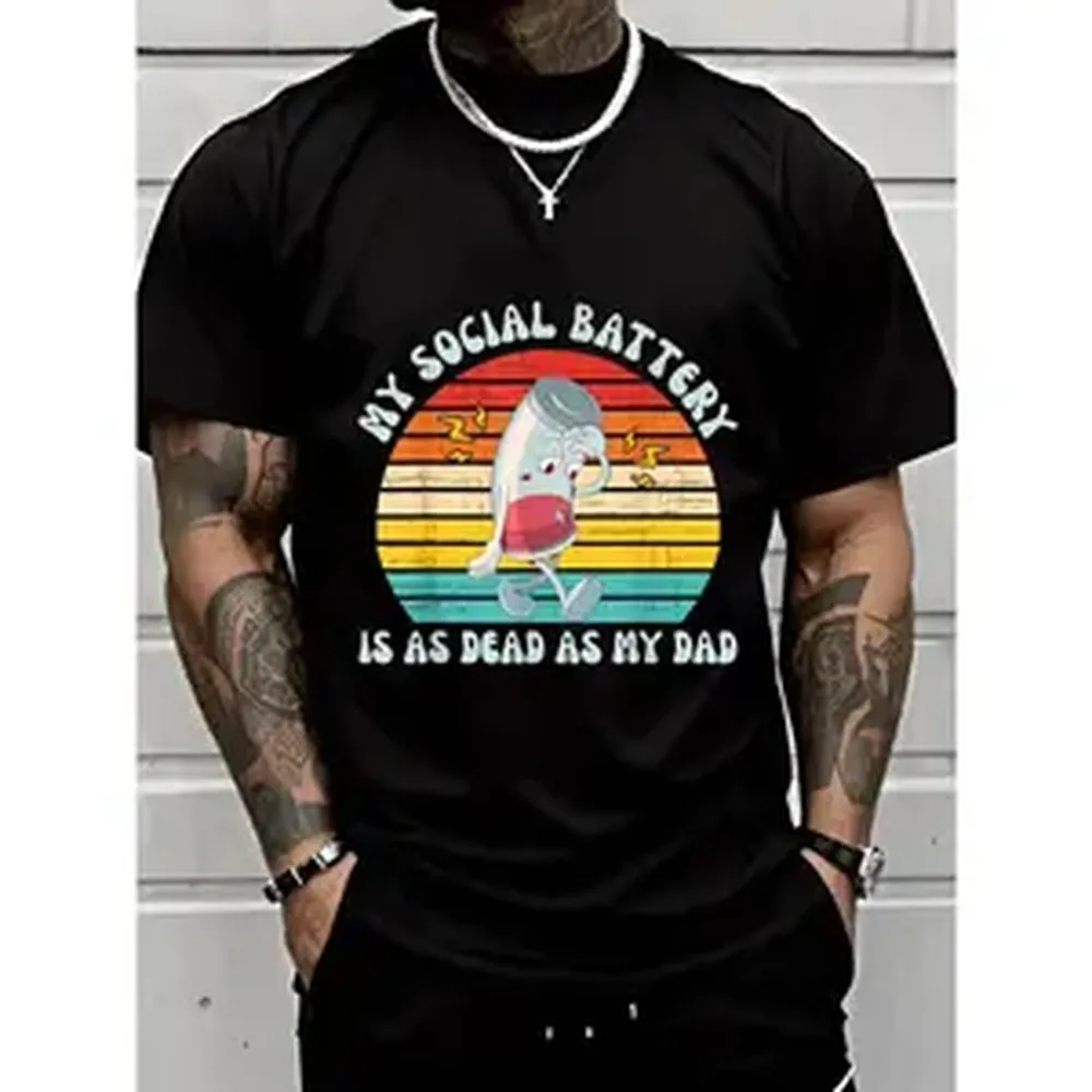 Camiseta deportiva de manga corta con estampado gráfico vintage de algodón liso sin costuras para mujer, con la frase 'My Social Battery Is As Dead As My Dad', estilo casual para el día a día y streetwear.