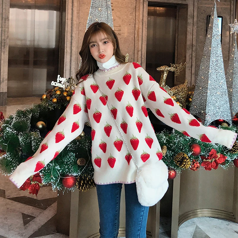 Maglione da donna coreano maglieria autunno inverno nuovo manica lunga O collo frutta donna Casual Pullover maglioni larghi spessi per donna
