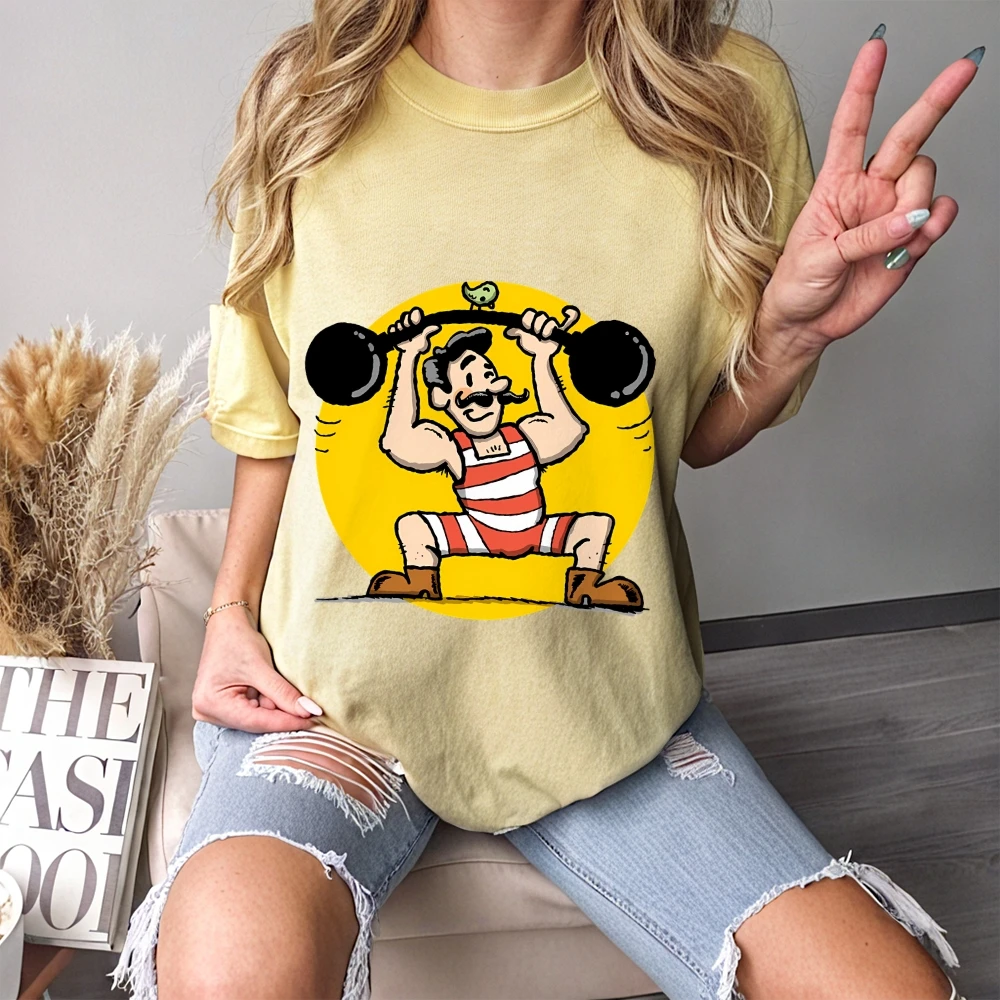 Women's T - Shirt, Cartoon Strongman Graphic Print, Fun Retro Design, Casual Short - Sleeve, Trendy Streetwear Tee