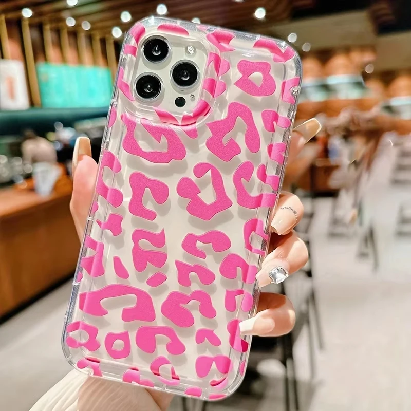 Funda de teléfono con patrón transparente de leopardo rosa para iPhone, 11, 12, 13, 14, 15, 16 Pro Max, XR, X, XS, Mini, 8, 7 Plus, SE, Fundas a prueba de golpes