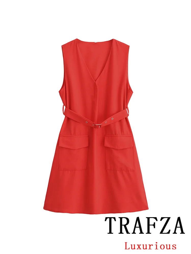 TRAFZA-Mini vestido vermelho vintage sem mangas feminino, com faixas e bolsos, vestido chique casual, monocromático, moda feminina, outono, novo, 2024