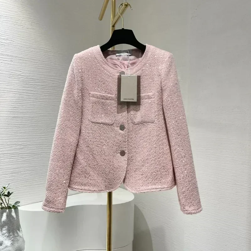 Giacca da donna in tweed con collo rotondo e bottoni in argento scintillante rosa da donna da ufficio nuovi arrivi 2024