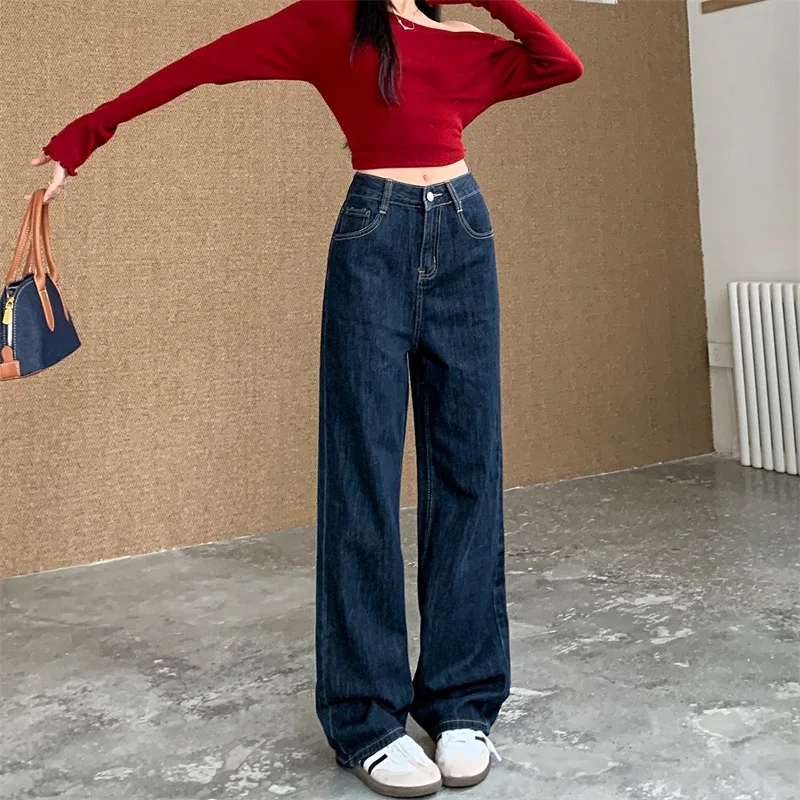 الكورية الرجعية عالية الخصر مستقيم المرأة الجينز الربيع أزياء السيدات بسيطة تنوعا فضفاض جان أزرق داكن واسعة الساق Y2K بنطلون