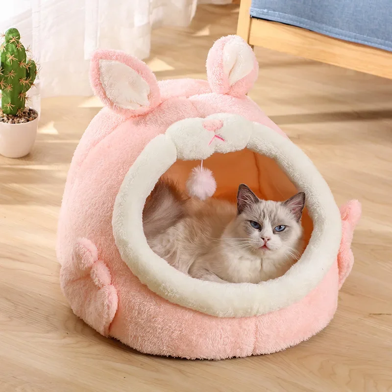 Pink Small Cat Bed for Indoor Tent Plush House Rabbit Design Kitten Bed with Pompom Cute Soft Cat Plush Bed