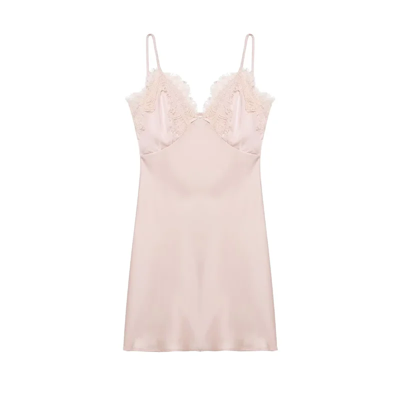 Abito da donna 2025 Inverno Nuovo stile Mini abito sottoveste in pizzo rosa simile al raso Alla moda e alla moda