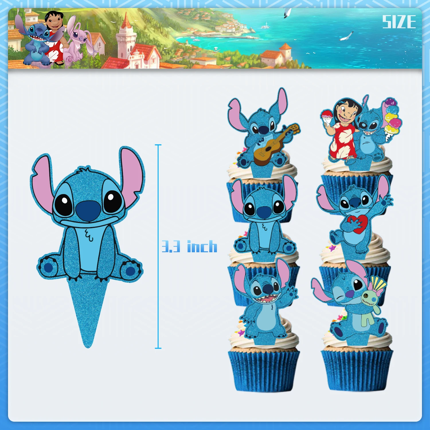 Disney-Lilo e Stitch Cupcake Wrappers, Glitter Cake Topper, Muffin Case, bandejas para casamento, decoração de aniversário para meninas