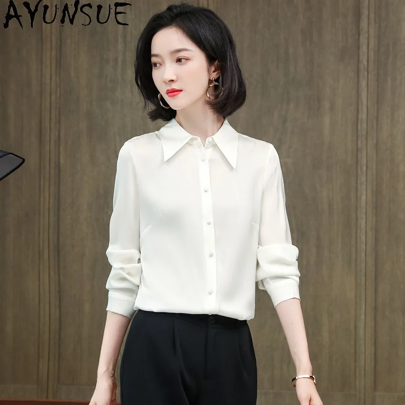 

AYUNSUE 91.8% Silk Women's Blouses and Shirts Solid Long Sleeve Tops for Woman Classic Commuting Blouse Woman Clothes Одежда