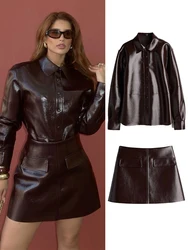 Elegant Women Leather Jacket Skirt Suit Turn Down Collar Single Breasted Female Coat High Waist Mini Skirts Lady Two Piece Sets