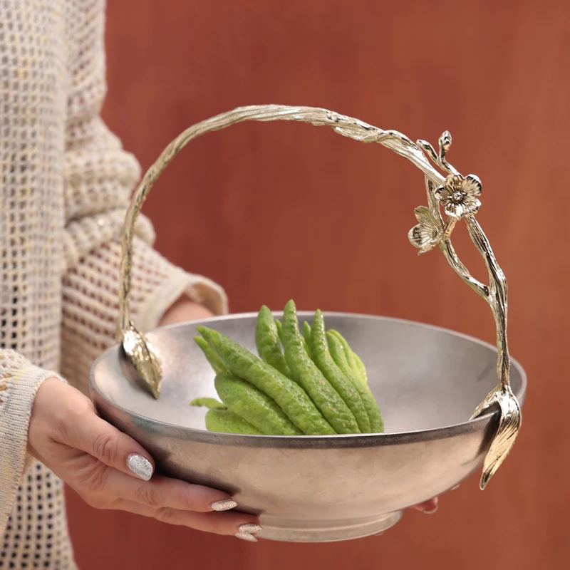 Home Living Room Desktop Storage Modern Silver Texture Hand Carved Stainless Steel Handle Fruit Basket