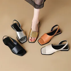 2023 New Fashion Summer Sandals Square Toe Roman Sandals Chunky Heels Shoes for Women Handmade Flat Shoes Concise Women Sandals