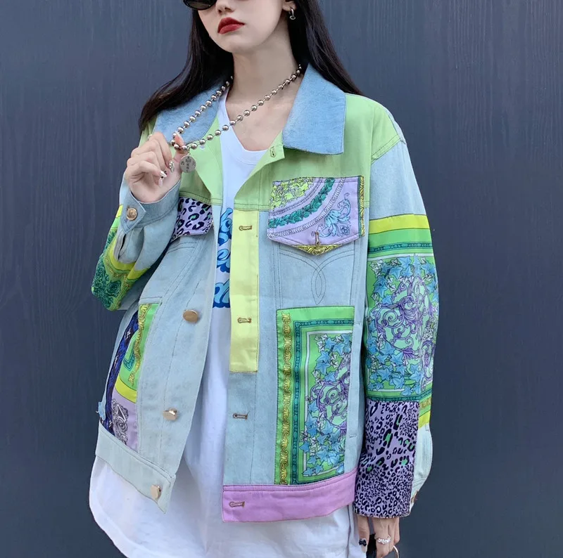 Print Spliced Denim Jackets Women Coat Single Breasted Jacket Long Sleeve Turn Down Collar Outerwear Pockets High Street