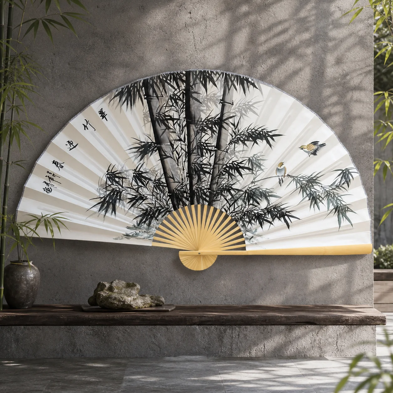 Extra‑Large Chinese Hanging Wall Fan, Xuan Paper Bamboo Painting, Hand‑Made Bamboo Frame Folding Fan, Oriental Wall Art Ornament