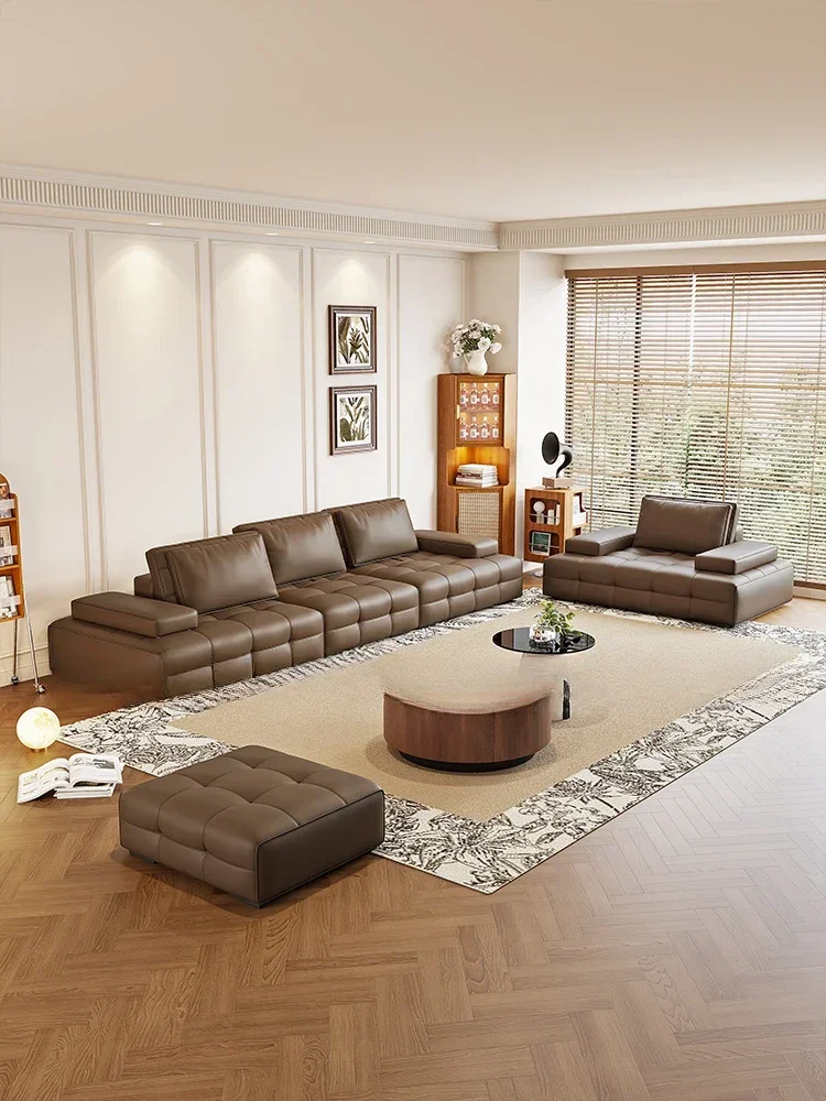 Italian minimalist leather living room, movable backrest, large sitting depth, straight top layer, cowhide sofa