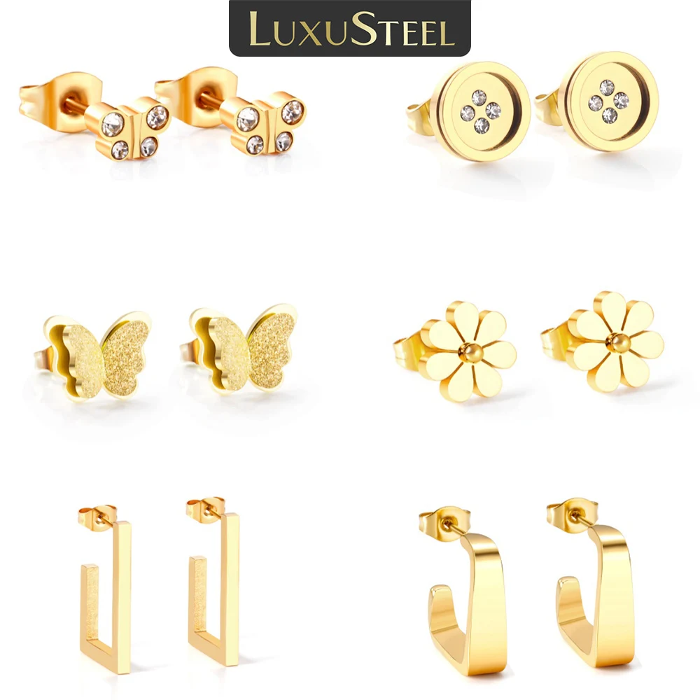 LUXUSTEEL Golden Butterfly Geometric Women\'s Hoop Earrings Daisy Stainless Steel Earring Cubic Zirconia Party Jewelry Gifts